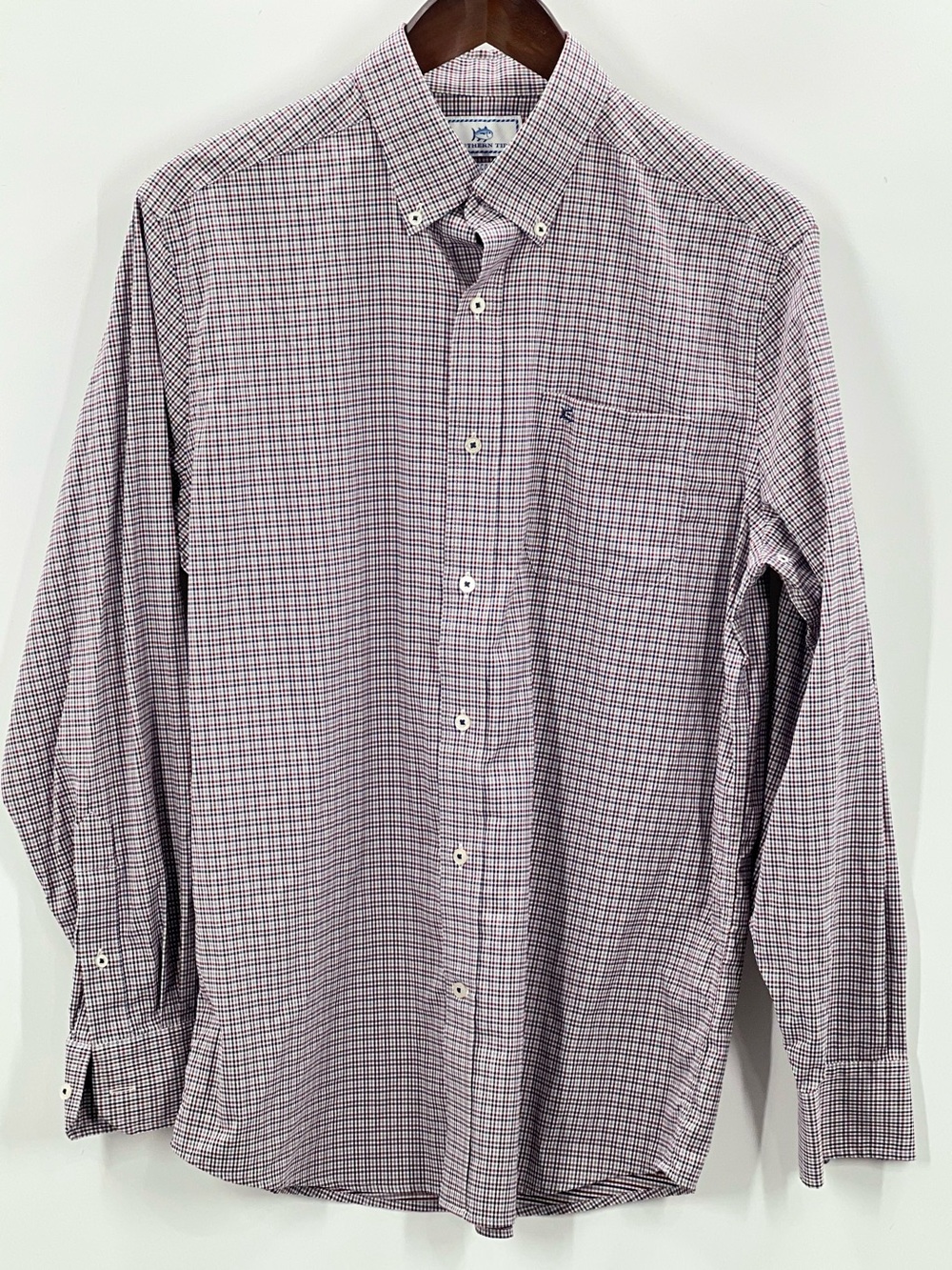 300 Southern Tide Men's Long-Sleeve Button-Down Shirt in Light Red & Blue Check